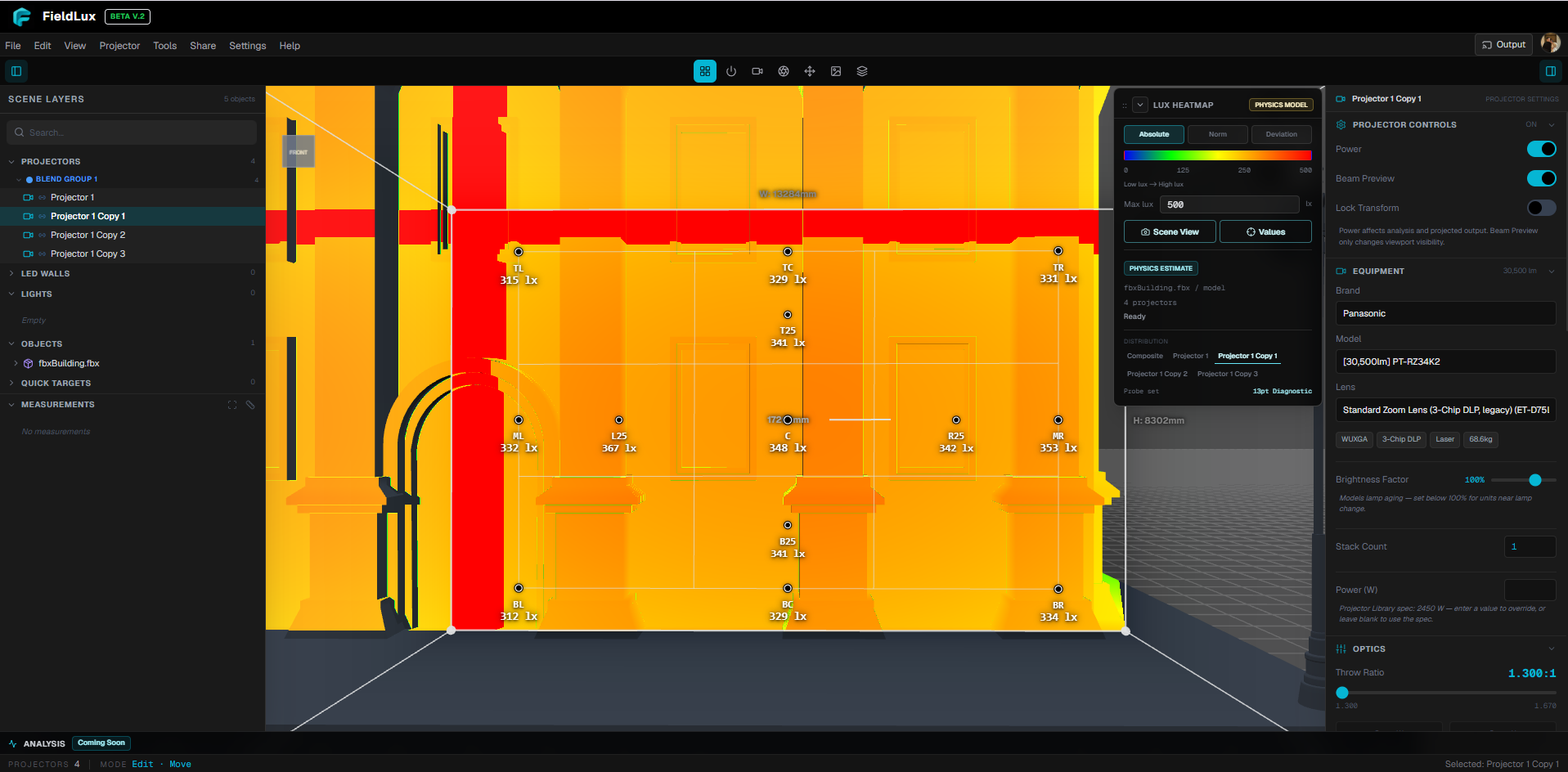 13-point lux diagnostics over the projected facade